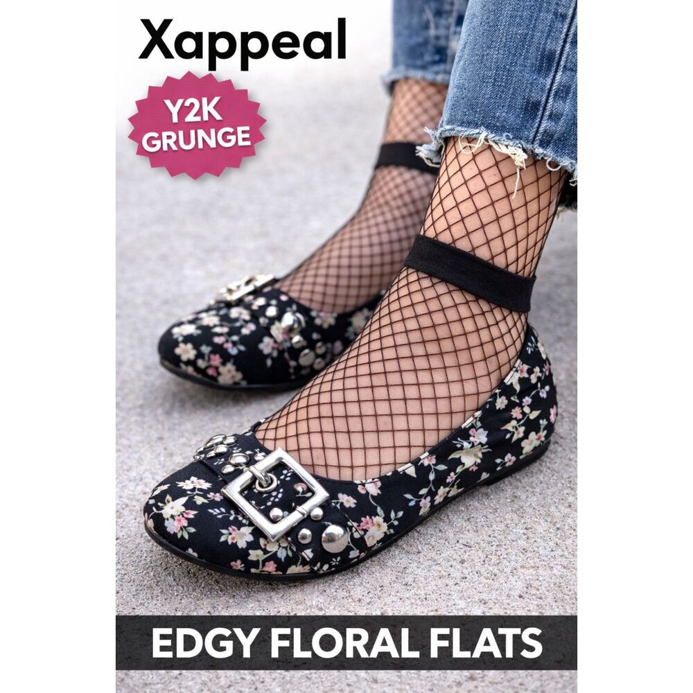 Xappeal Black Floral Flats Womens Size 7 Studded Buckle Ballet Shoes Y2K Grunge